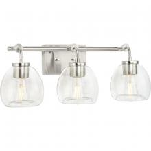  P300347-009 - Caisson Collection Three-Light Brushed Nickel Clear Glass Urban Industrial Bath Vanity Light