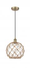  616-1P-AB-G122-10RB-LED - Farmhouse Rope - 1 Light - 10 inch - Antique Brass - Cord hung - Mini Pendant